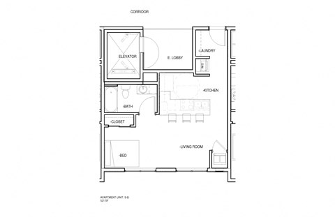 Floor plan for studio, 1 bath, 566 sqft